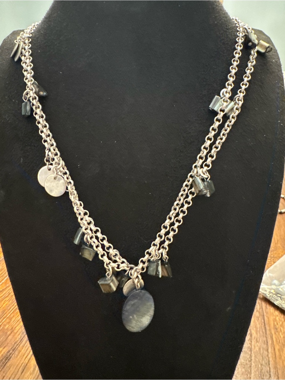 Silver Tone Multi Strand Necklace Black Shell Dangle Oval Pendant Statement